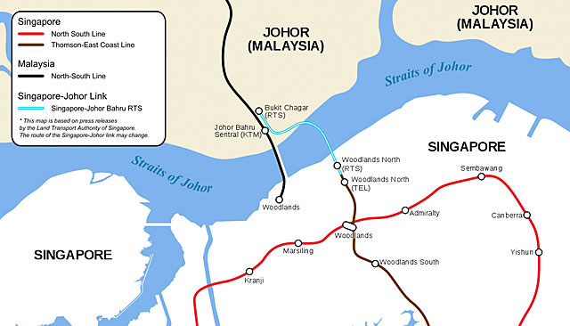 ジョホール～シンガポール間RTSのルート図